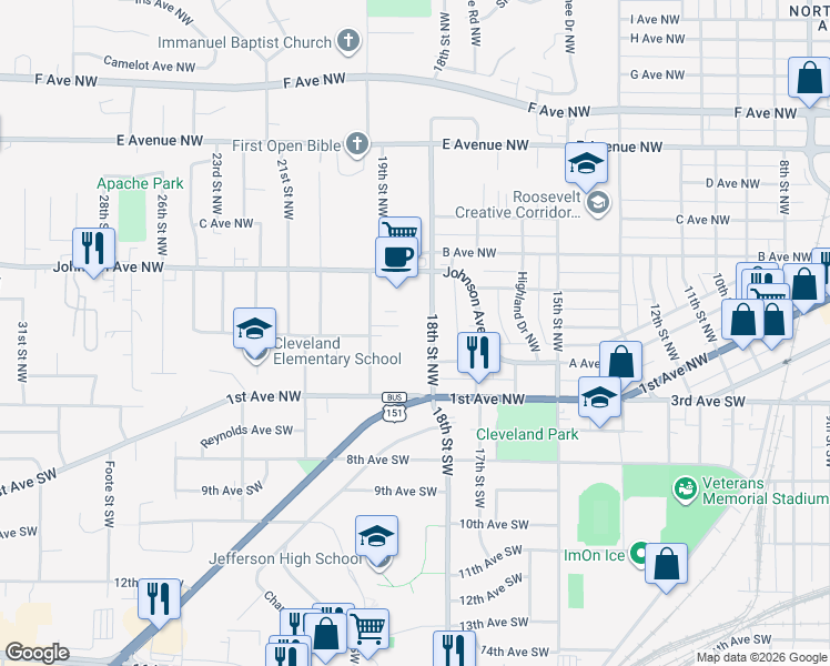 map of restaurants, bars, coffee shops, grocery stores, and more near 161 19th Street Northwest in Cedar Rapids