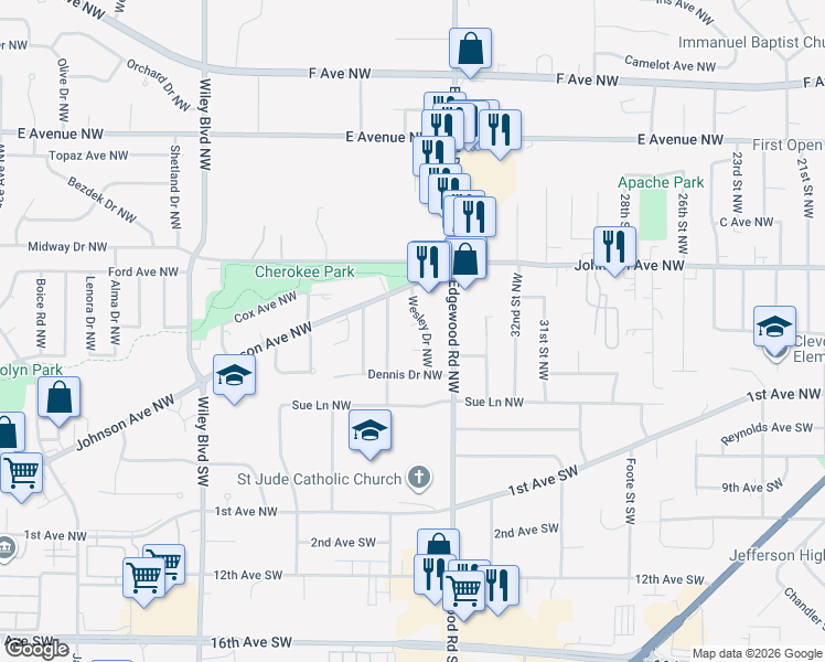 map of restaurants, bars, coffee shops, grocery stores, and more near 200 Wesley Dr NW in Cedar Rapids
