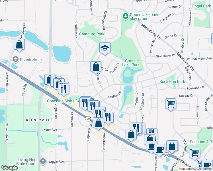 map of restaurants, bars, coffee shops, grocery stores, and more near 545 Hampton Lane in Roselle