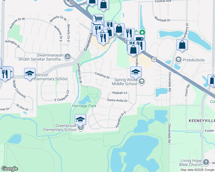 map of restaurants, bars, coffee shops, grocery stores, and more near 1284 Court East in Hanover Park