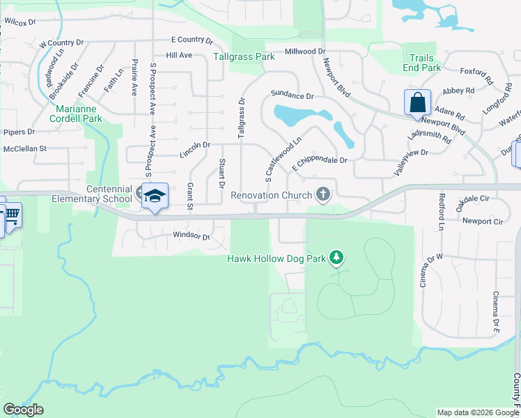 map of restaurants, bars, coffee shops, grocery stores, and more near 357 Castlewood Lane in Bartlett