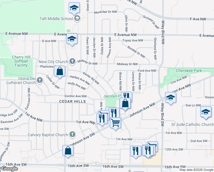 map of restaurants, bars, coffee shops, grocery stores, and more near 250-252 Jacolyn Drive Northwest in Cedar Rapids