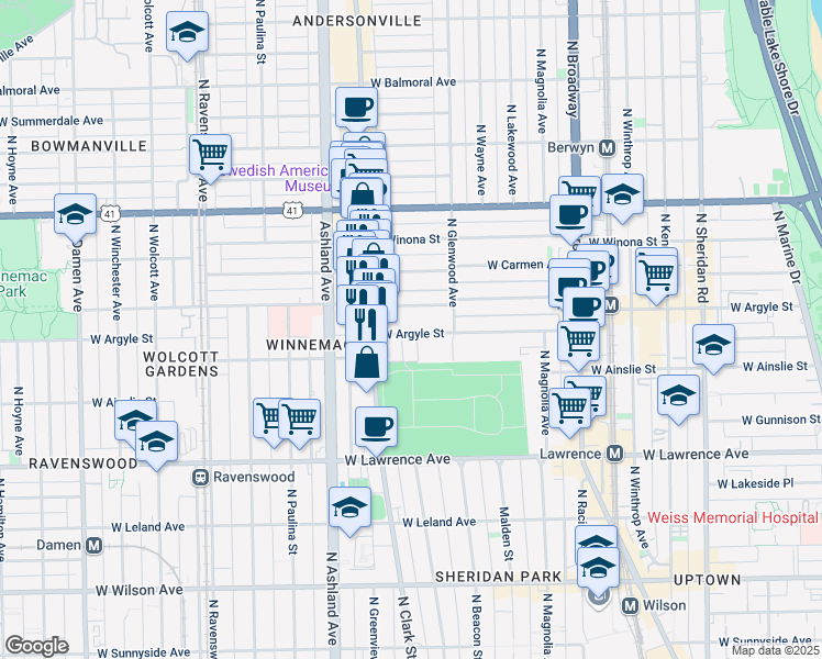 map of restaurants, bars, coffee shops, grocery stores, and more near 1448 West Argyle Street in Chicago
