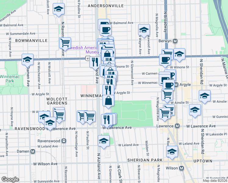 map of restaurants, bars, coffee shops, grocery stores, and more near 5015 North Clark Street in Chicago