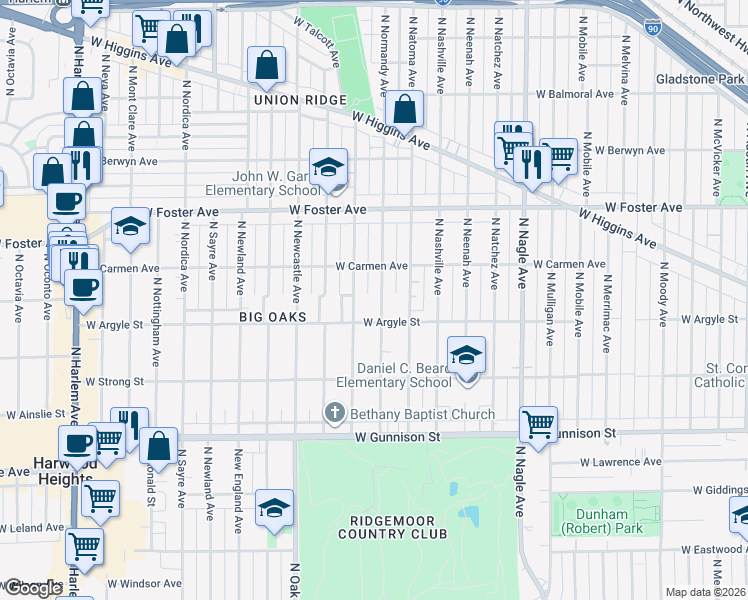 map of restaurants, bars, coffee shops, grocery stores, and more near 5035 North Rutherford Avenue in Chicago