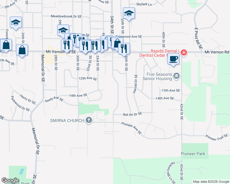 map of restaurants, bars, coffee shops, grocery stores, and more near 3310 14th Ave SE in Cedar Rapids