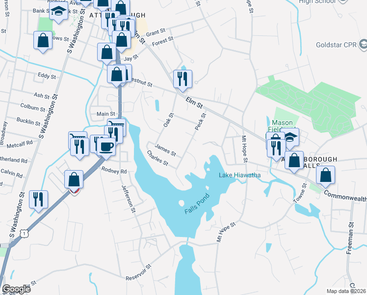 map of restaurants, bars, coffee shops, grocery stores, and more near 61 Peck Street in North Attleborough