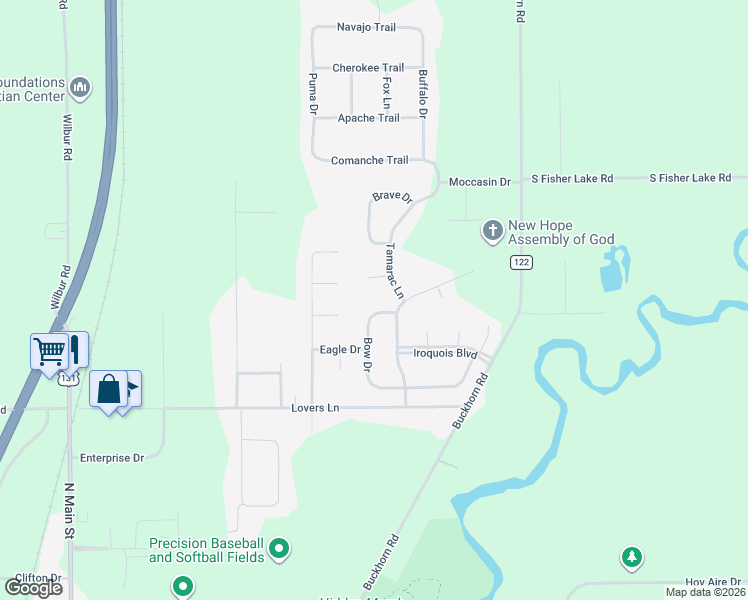 map of restaurants, bars, coffee shops, grocery stores, and more near 56726 Tamarac Lane in Three Rivers