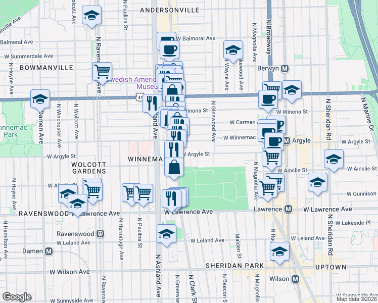 map of restaurants, bars, coffee shops, grocery stores, and more near 5015 North Clark Street in Chicago