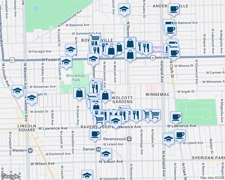map of restaurants, bars, coffee shops, grocery stores, and more near 5014 North Wolcott Avenue in Chicago