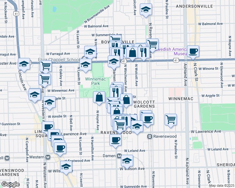 map of restaurants, bars, coffee shops, grocery stores, and more near 5007 North Damen Avenue in Chicago