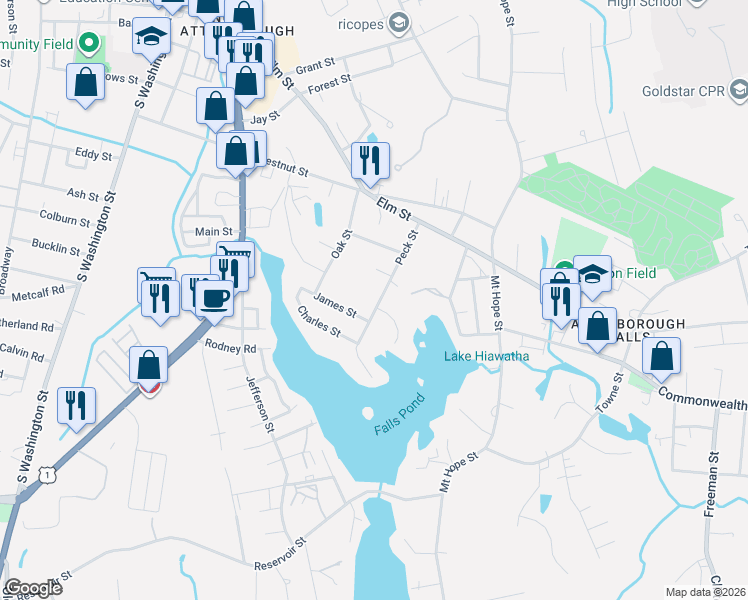 map of restaurants, bars, coffee shops, grocery stores, and more near 71 Peck Street in North Attleborough