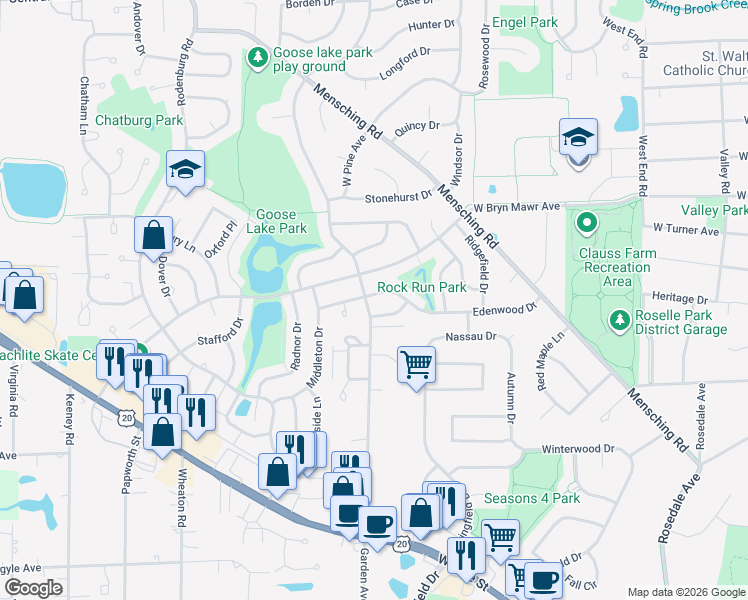 map of restaurants, bars, coffee shops, grocery stores, and more near 880 Edenwood Drive in Roselle