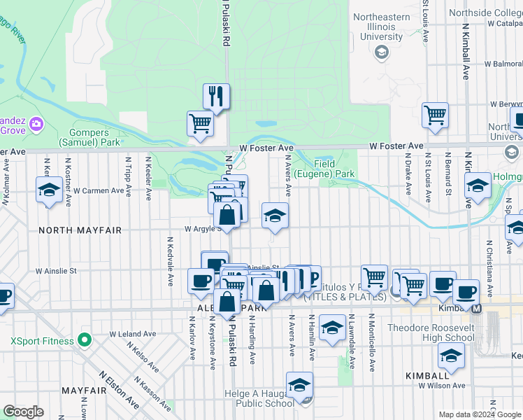 map of restaurants, bars, coffee shops, grocery stores, and more near 5026 North Springfield Avenue in Chicago