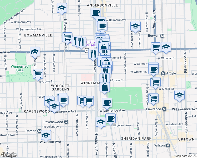 map of restaurants, bars, coffee shops, grocery stores, and more near 5019 North Ashland Avenue in Chicago