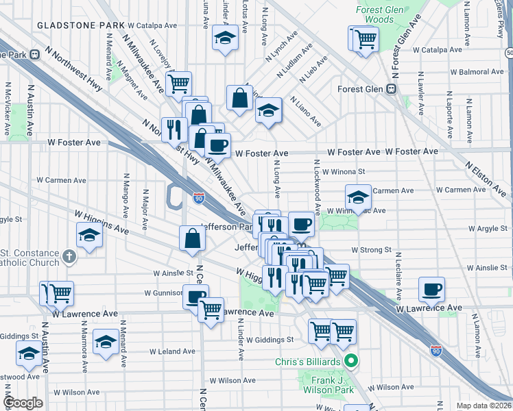 map of restaurants, bars, coffee shops, grocery stores, and more near 5421 West Carmen Avenue in Chicago