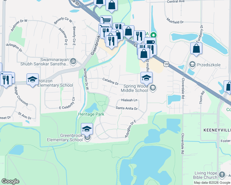 map of restaurants, bars, coffee shops, grocery stores, and more near 1284 Court East in Hanover Park