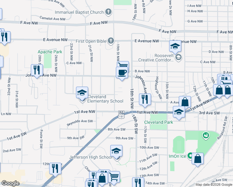 map of restaurants, bars, coffee shops, grocery stores, and more near 161 19th Street Northwest in Cedar Rapids