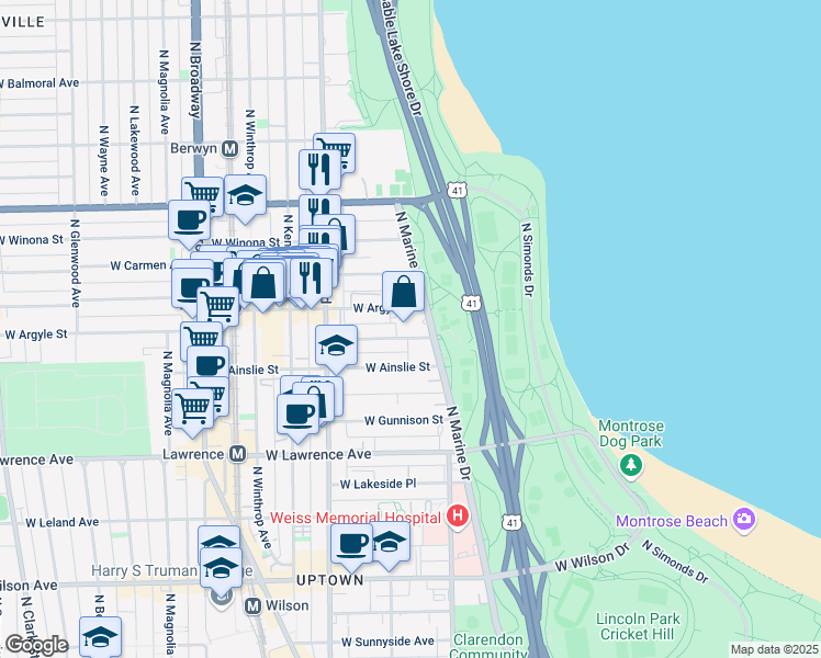 map of restaurants, bars, coffee shops, grocery stores, and more near 4960 North Marine Drive in Chicago