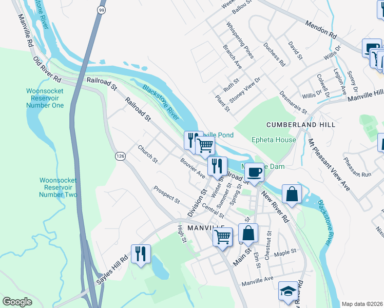 map of restaurants, bars, coffee shops, grocery stores, and more near 157 Railroad Street in Lincoln