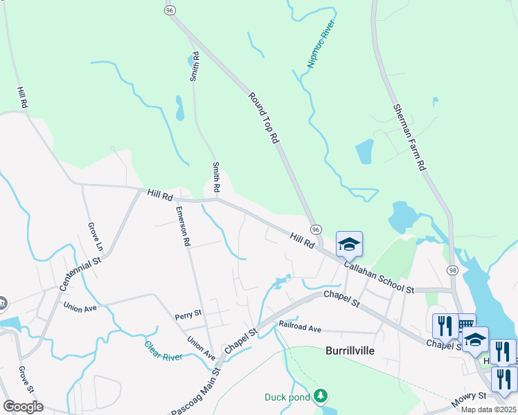 map of restaurants, bars, coffee shops, grocery stores, and more near 161 Hill Road in Burrillville