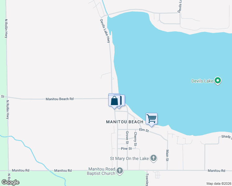 map of restaurants, bars, coffee shops, grocery stores, and more near 10140 Devils Lake Highway in Manitou Beach-Devils Lake