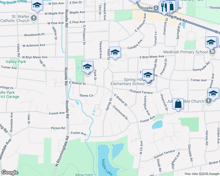 map of restaurants, bars, coffee shops, grocery stores, and more near 532 Spring Street in Roselle