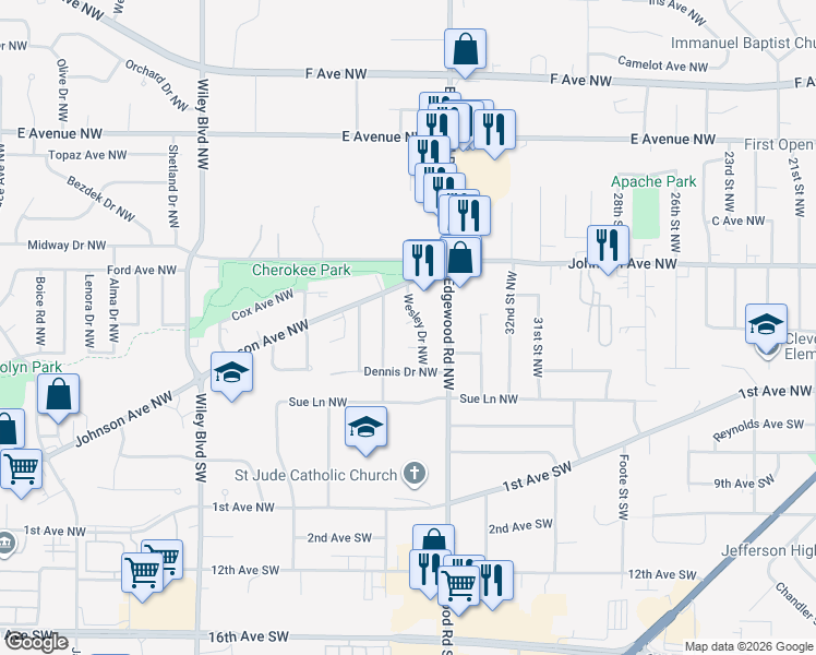 map of restaurants, bars, coffee shops, grocery stores, and more near 200 Wesley Dr NW in Cedar Rapids
