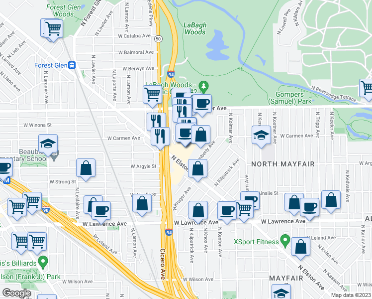 map of restaurants, bars, coffee shops, grocery stores, and more near 5033 North Elston Avenue in Chicago