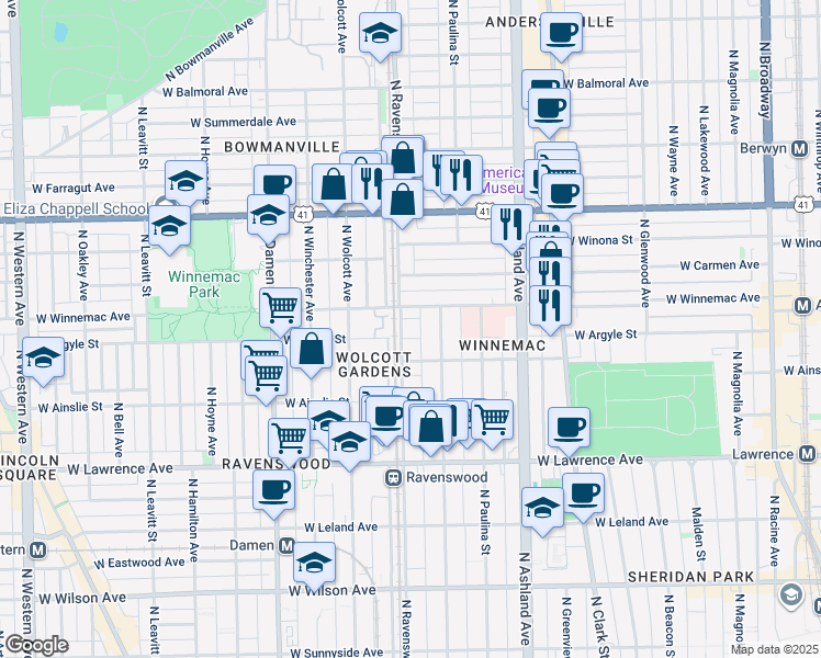 map of restaurants, bars, coffee shops, grocery stores, and more near 5011 North Ravenswood Avenue in Chicago