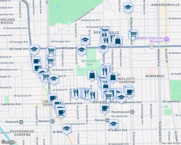 map of restaurants, bars, coffee shops, grocery stores, and more near 5020 North Damen Avenue in Chicago