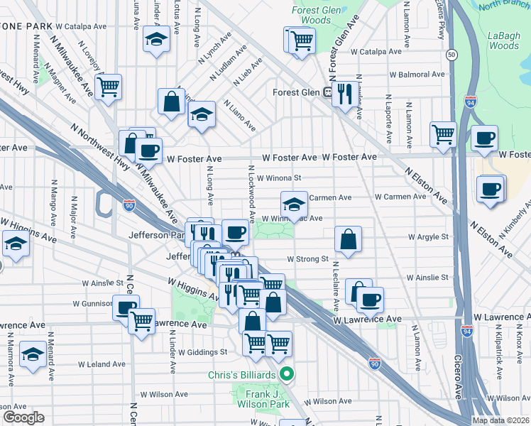map of restaurants, bars, coffee shops, grocery stores, and more near 5233 West Carmen Avenue in Chicago