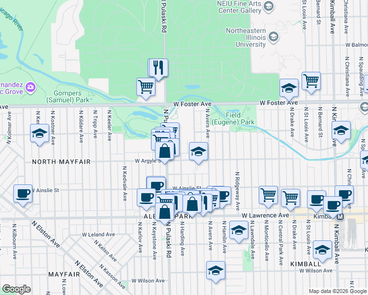 map of restaurants, bars, coffee shops, grocery stores, and more near 5034 North Springfield Avenue in Chicago