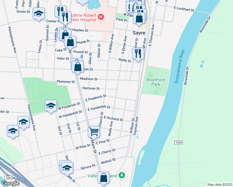 map of restaurants, bars, coffee shops, grocery stores, and more near 808 South Elmer Avenue in Sayre