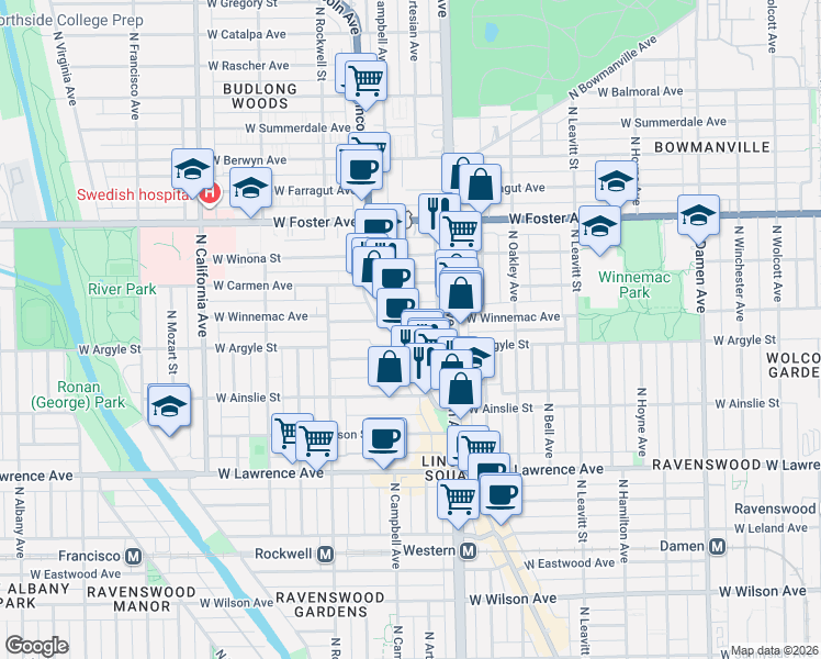 map of restaurants, bars, coffee shops, grocery stores, and more near 2423 West Winnemac Avenue in Chicago