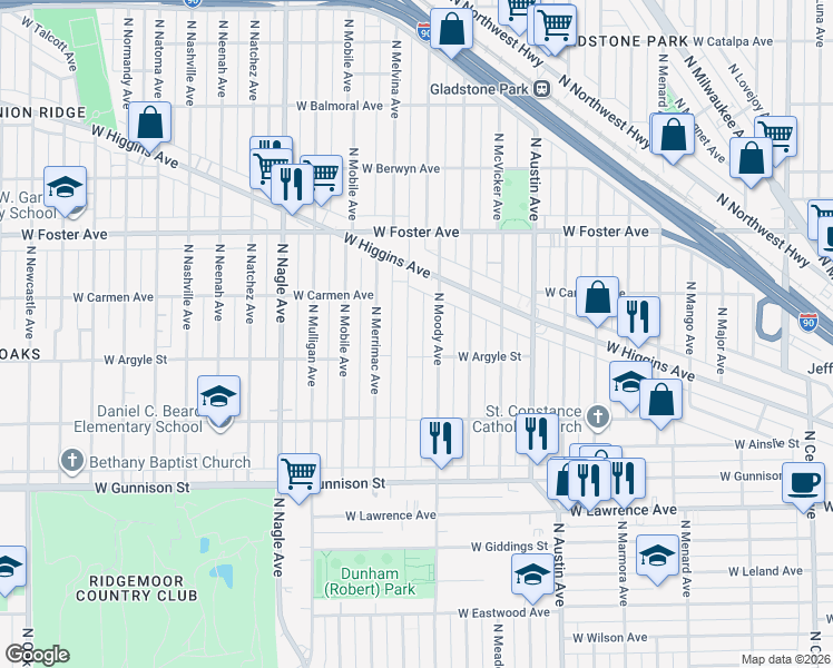 map of restaurants, bars, coffee shops, grocery stores, and more near 5031 North Melvina Avenue in Chicago