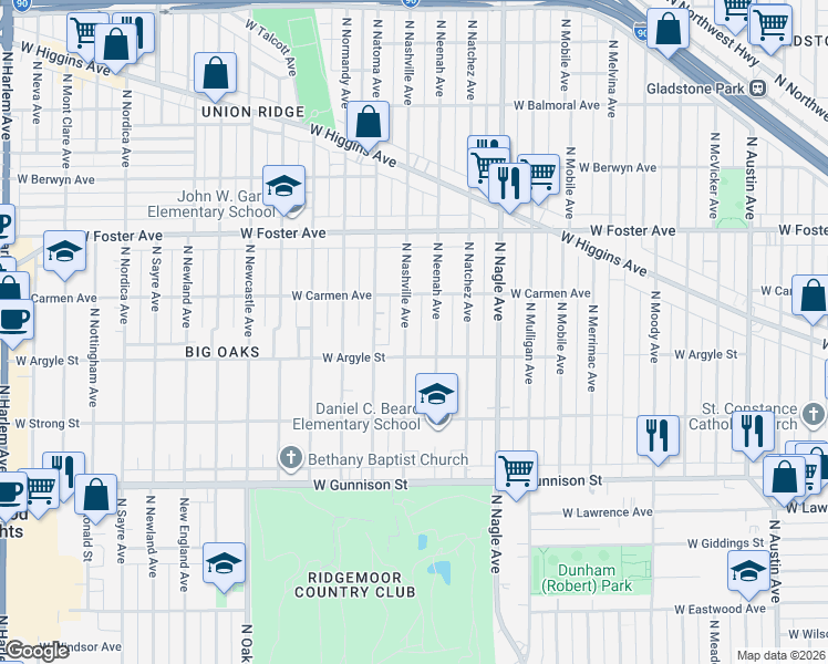 map of restaurants, bars, coffee shops, grocery stores, and more near 5034 North Neenah Avenue in Chicago