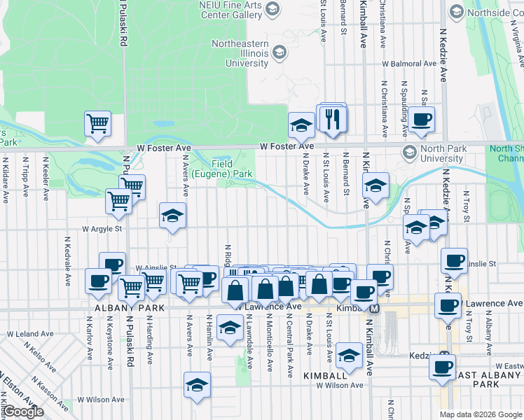 map of restaurants, bars, coffee shops, grocery stores, and more near 5034 North Monticello Avenue in Chicago