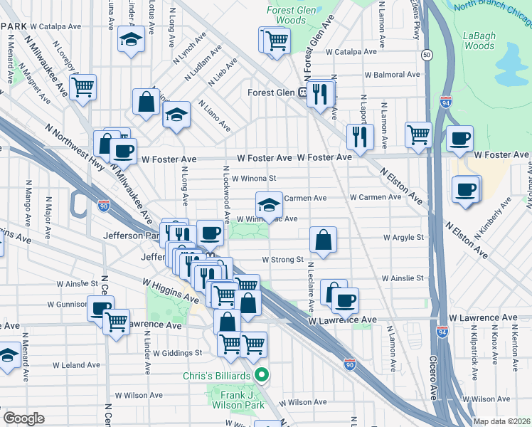 map of restaurants, bars, coffee shops, grocery stores, and more near 5159 West Carmen Avenue in Chicago