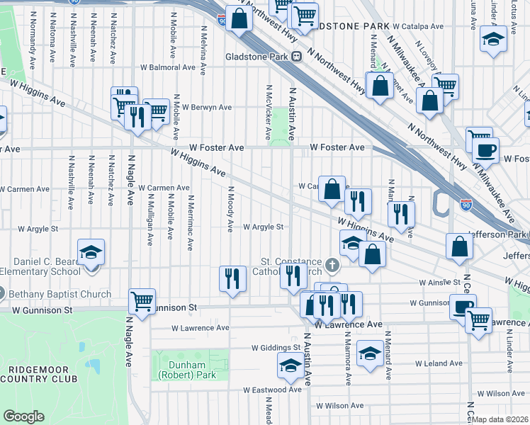 map of restaurants, bars, coffee shops, grocery stores, and more near 5026 North McVicker Avenue in Chicago