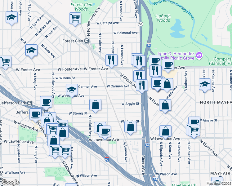 map of restaurants, bars, coffee shops, grocery stores, and more near 4926 West Winnemac Avenue in Chicago