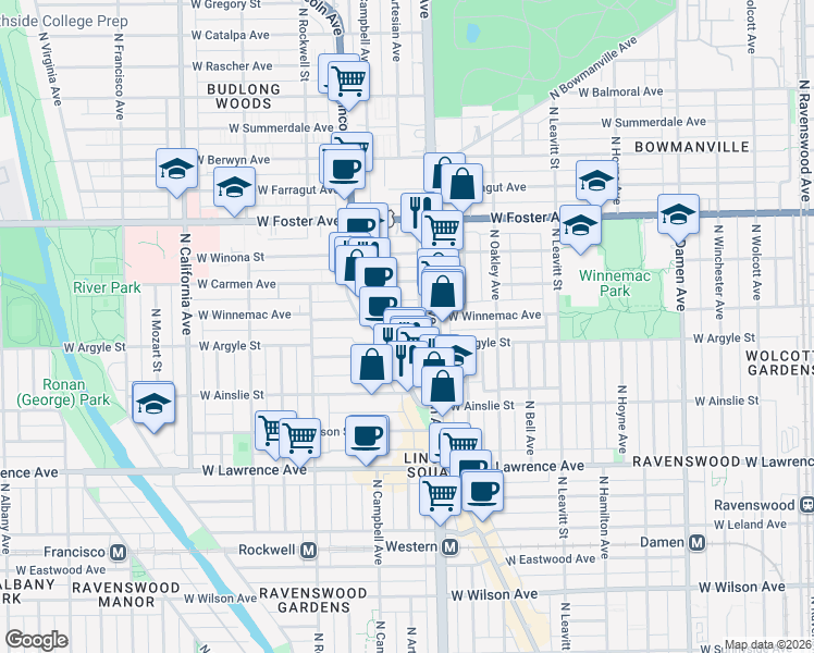 map of restaurants, bars, coffee shops, grocery stores, and more near 2423 West Winnemac Avenue in Chicago