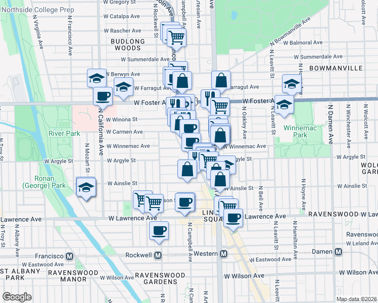 map of restaurants, bars, coffee shops, grocery stores, and more near 5067 North Lincoln Avenue in Chicago