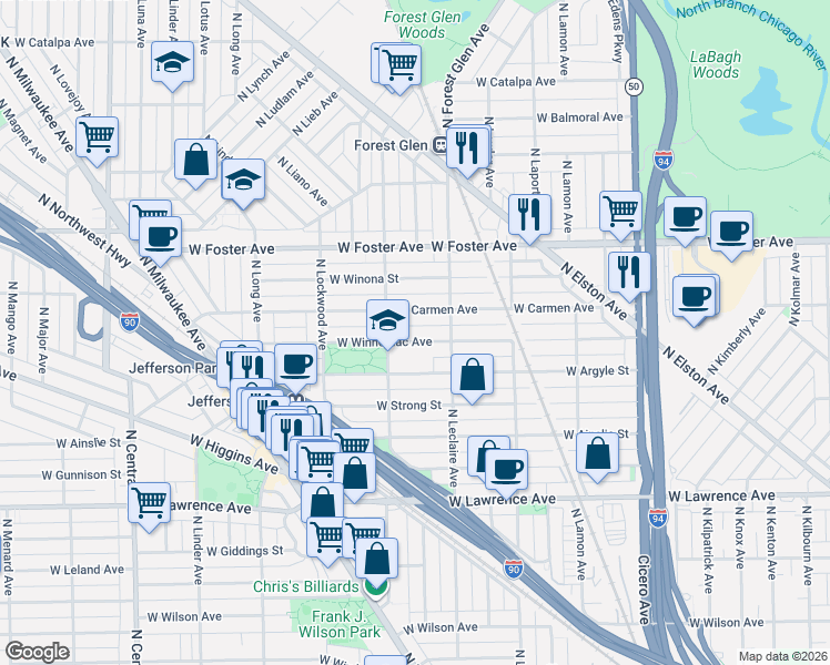 map of restaurants, bars, coffee shops, grocery stores, and more near 5119 West Carmen Avenue in Chicago