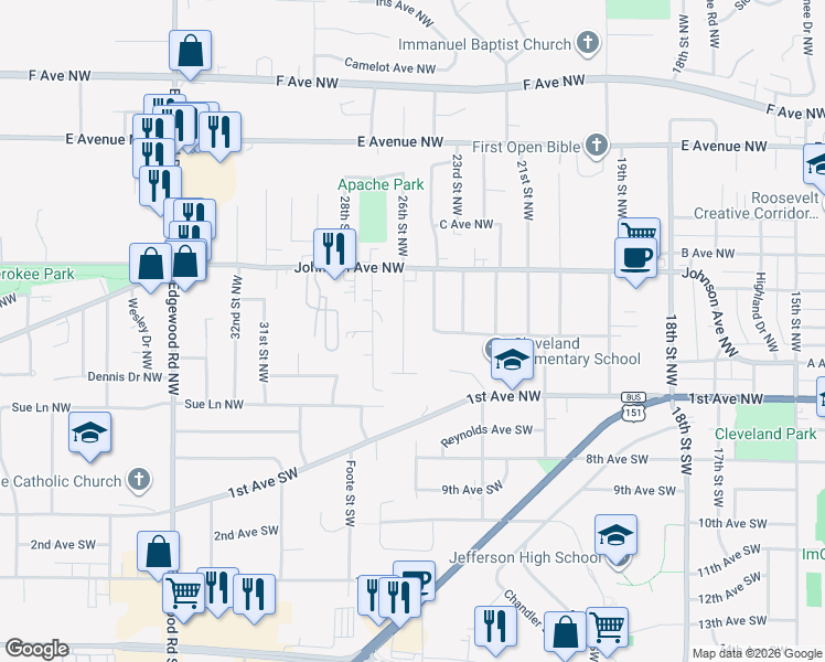 map of restaurants, bars, coffee shops, grocery stores, and more near 209 26th Street Northwest in Cedar Rapids