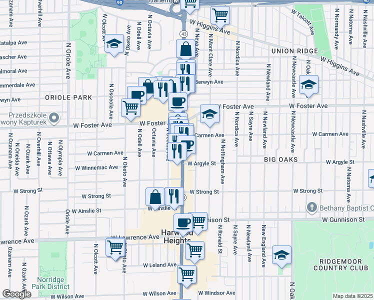 map of restaurants, bars, coffee shops, grocery stores, and more near 5037 North Harlem Avenue in Chicago
