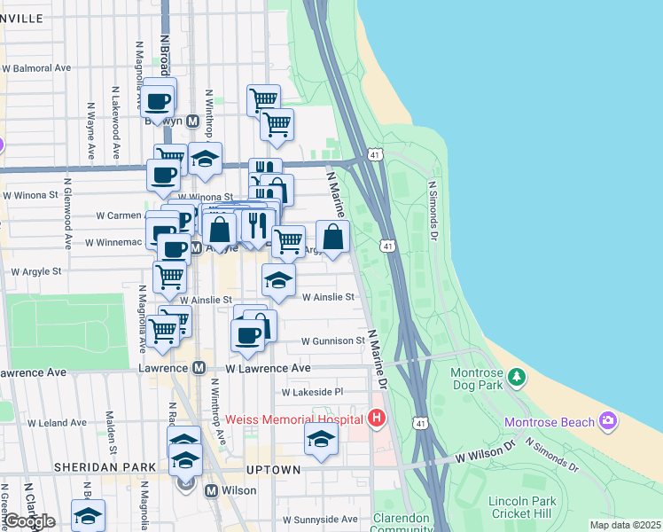 map of restaurants, bars, coffee shops, grocery stores, and more near 4960 North Marine Drive in Chicago