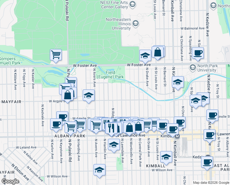 map of restaurants, bars, coffee shops, grocery stores, and more near 5033 North Ridgeway Avenue in Chicago