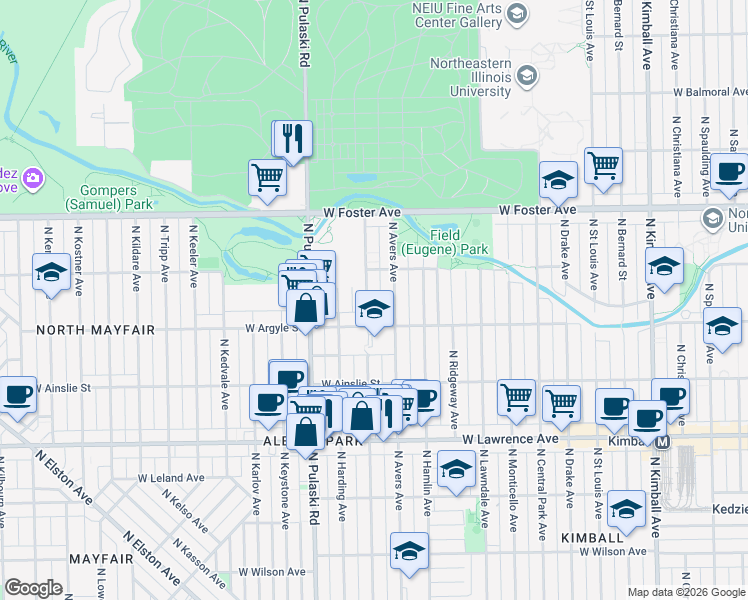 map of restaurants, bars, coffee shops, grocery stores, and more near 5034 North Springfield Avenue in Chicago