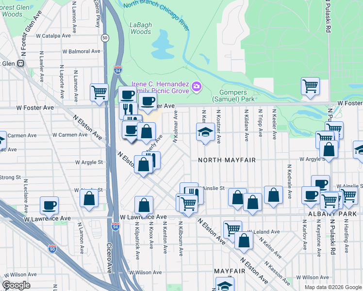 map of restaurants, bars, coffee shops, grocery stores, and more near 5040 North Kilbourn Avenue in Chicago